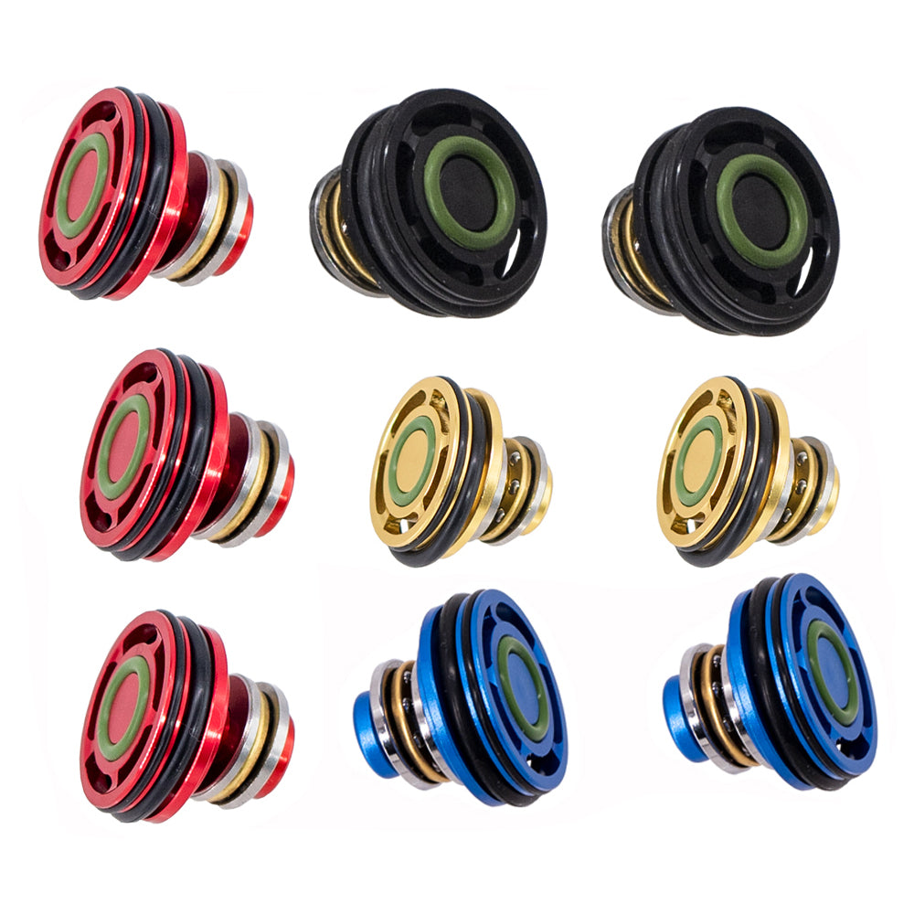 10Pcs CNC Aluminum Piston Head with Triple O-Rings  For M4 Airsoft Gel Guns – (Blue/Black/Red/Gold)